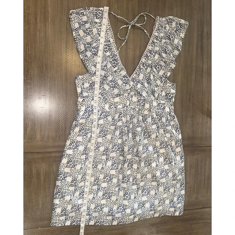 Anthropologie V-Neck Plunge Tunic Mini Blue White Floral Dress Size Medium $148